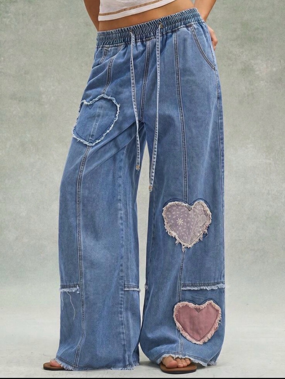 Heart patchwork pants Wide Leg Denim Patch Heart Pants distressed Blue - Picture 4 of 4